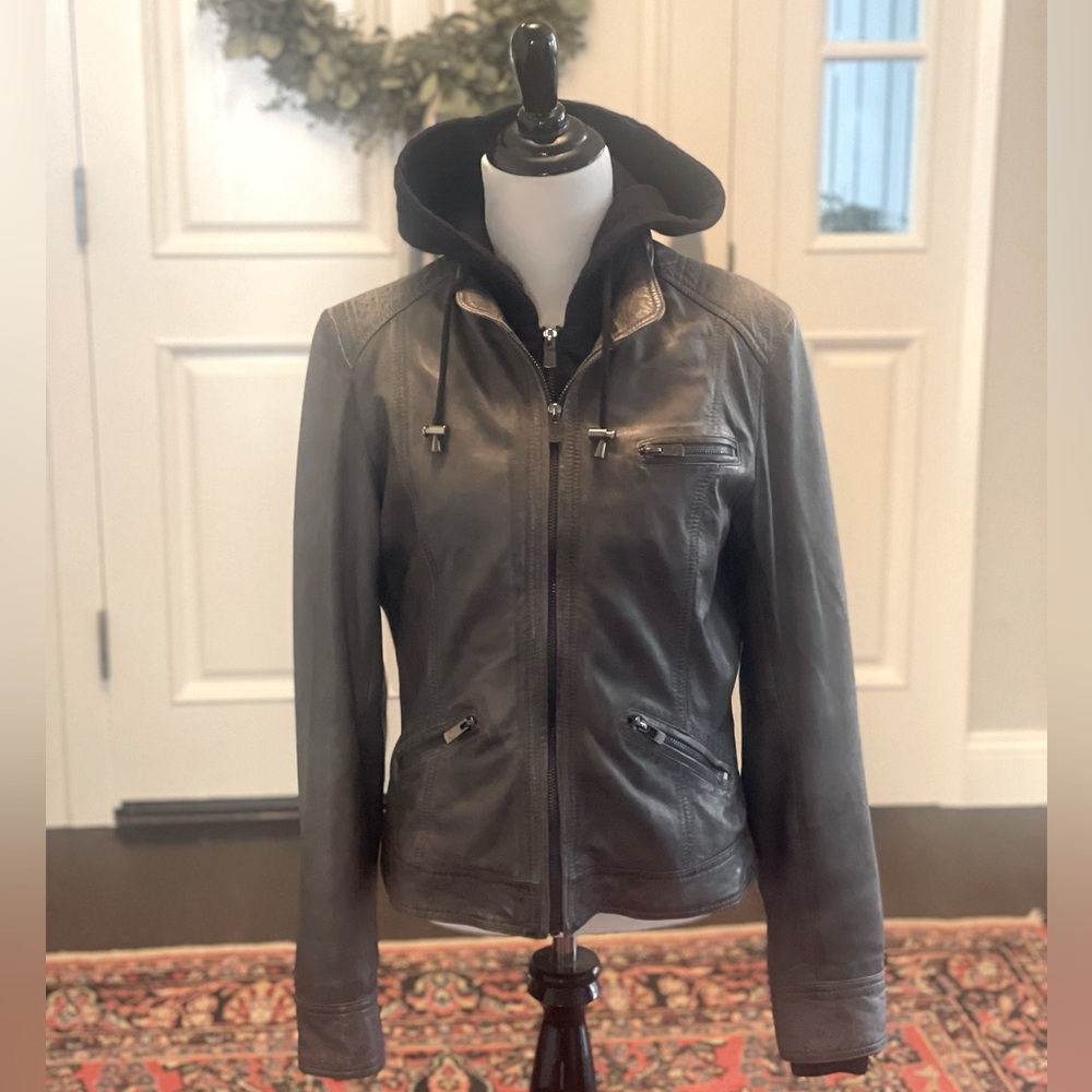 Bod & Christensen Womens Grey Leather Jacket with Detachable Black Cotton Hoodie